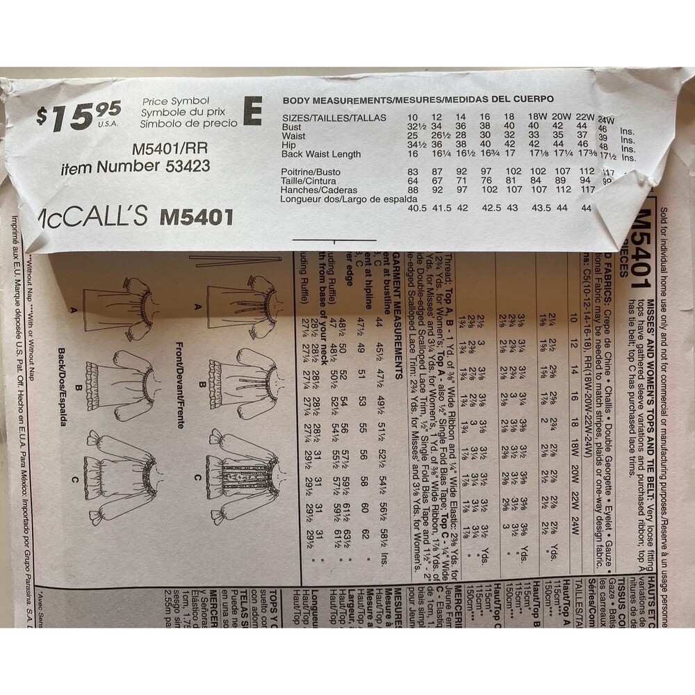McCall's‎ Pattern M5401 Women's Peasant Blouses Size 16W-22W-24W Uncut FF Boho - Picture 7 of 8